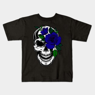 SKULL WITH BLUE ROSE 04 Kids T-Shirt